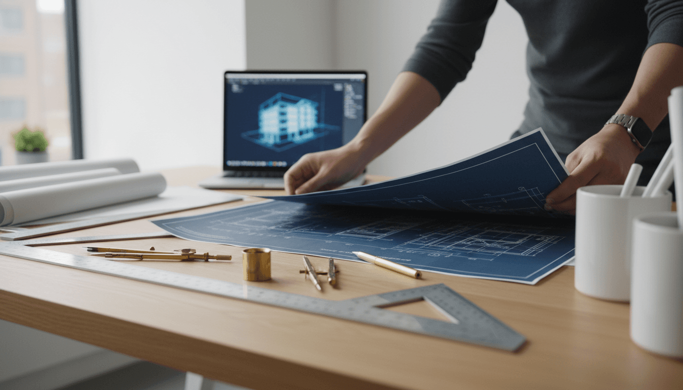 Architectural blueprints and a scale model on a desk in a bright office, representing real estate development planning