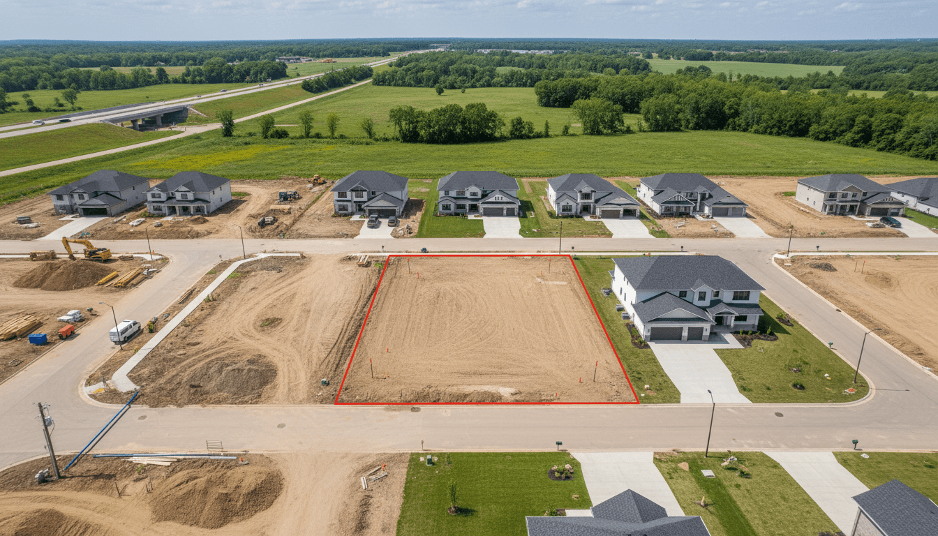 Aerial view of residential land parcels with boundary markings and surrounding green fields