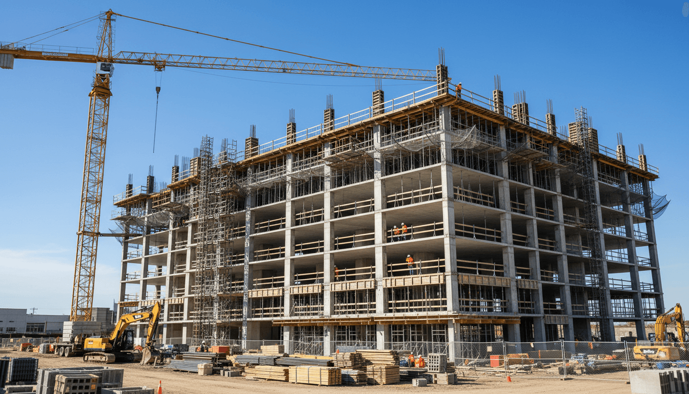 Active development site with crane and structure in progress
