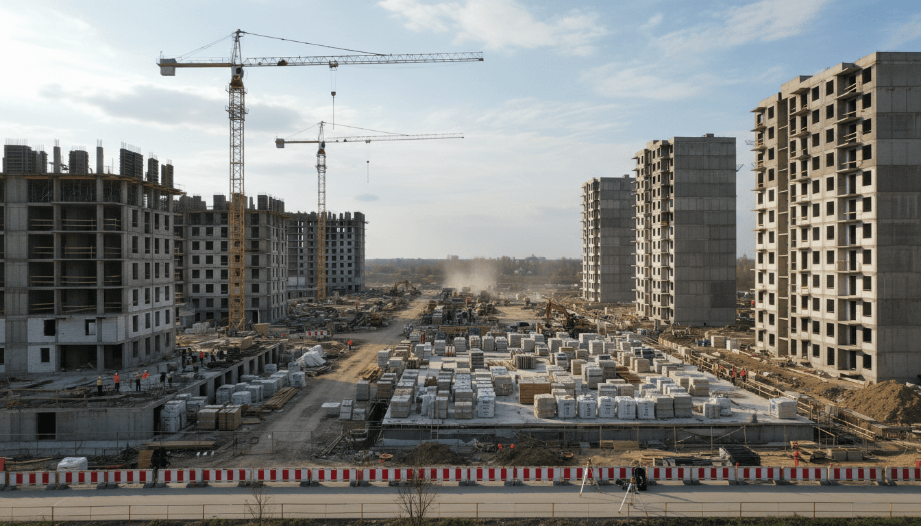 Modern residential building under construction with a tower crane in bright daylight