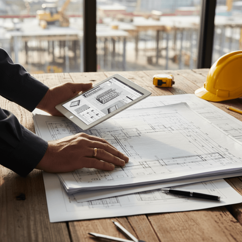 Project manager reviewing blueprints on a construction site