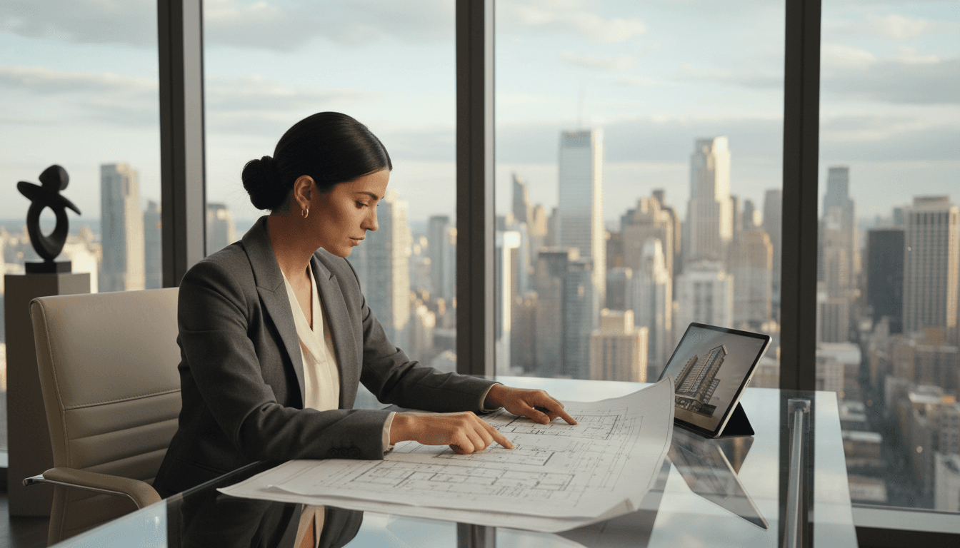 Architectural site plans spread across a bright professional desk