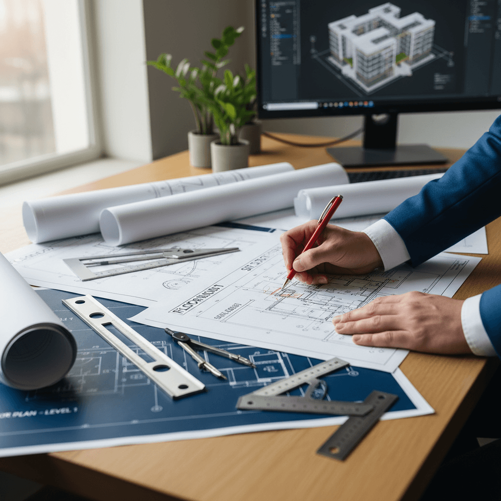 Architect reviewing building plans and site survey documents at a desk