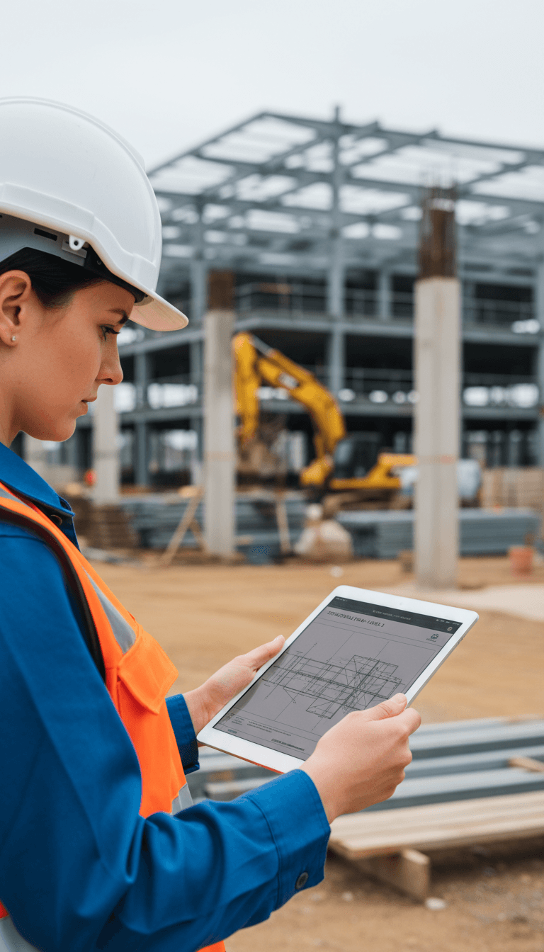 Project manager reviewing plans at a construction site